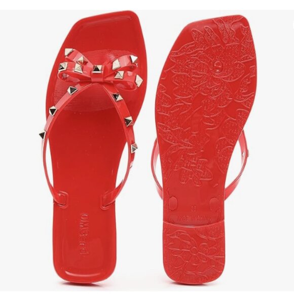 Womens Size 9 Studded Bow Jelly Thong Slides Square Toe Sandals Rivets Red - Picture 6 of 10